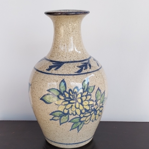 VTG Lopez Pottery Speckled with Blue Yellow Floral Glaze Vase Signed - Picture 1 of 8